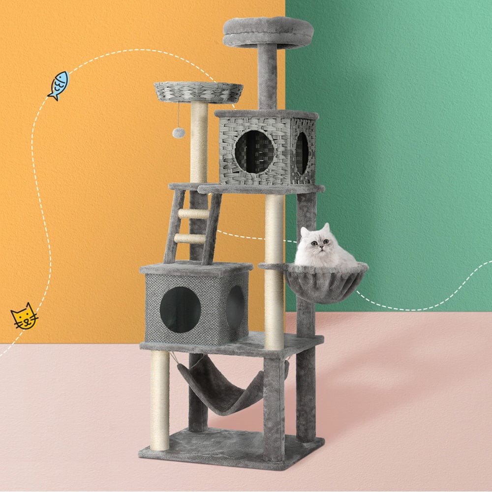 169cm Cat Tree Tower Scratching Post Scratcher Wood Bed Condo House Rattan Ladder