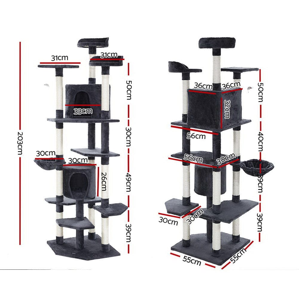 203cm Cat Tree Tower Scratching Post Scratcher Condo Trees House Bed Grey