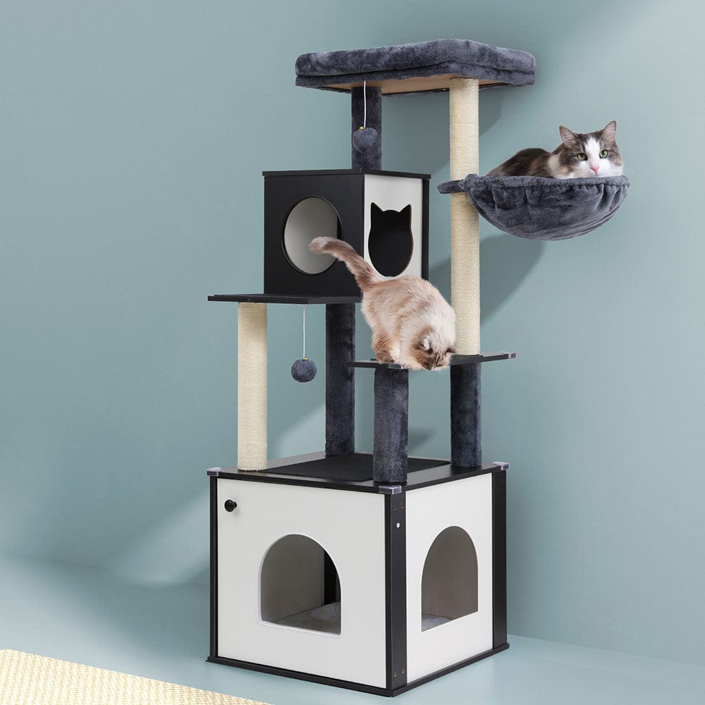 144cm Cat Tree Tower Scratching Post Scratcher Wood Bed Condo House Cabinet